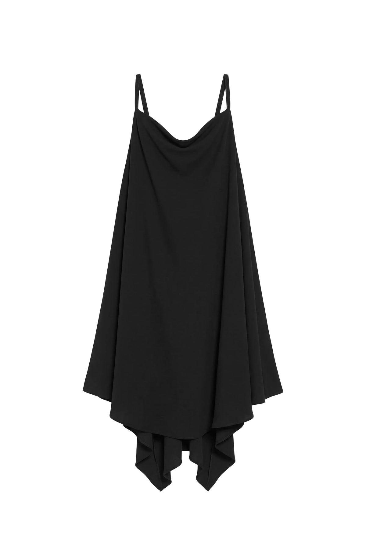 A black high-low spaghetti strap dress with a draped, fluid silhouette and an asymmetrical hem, shown against a plain white background.