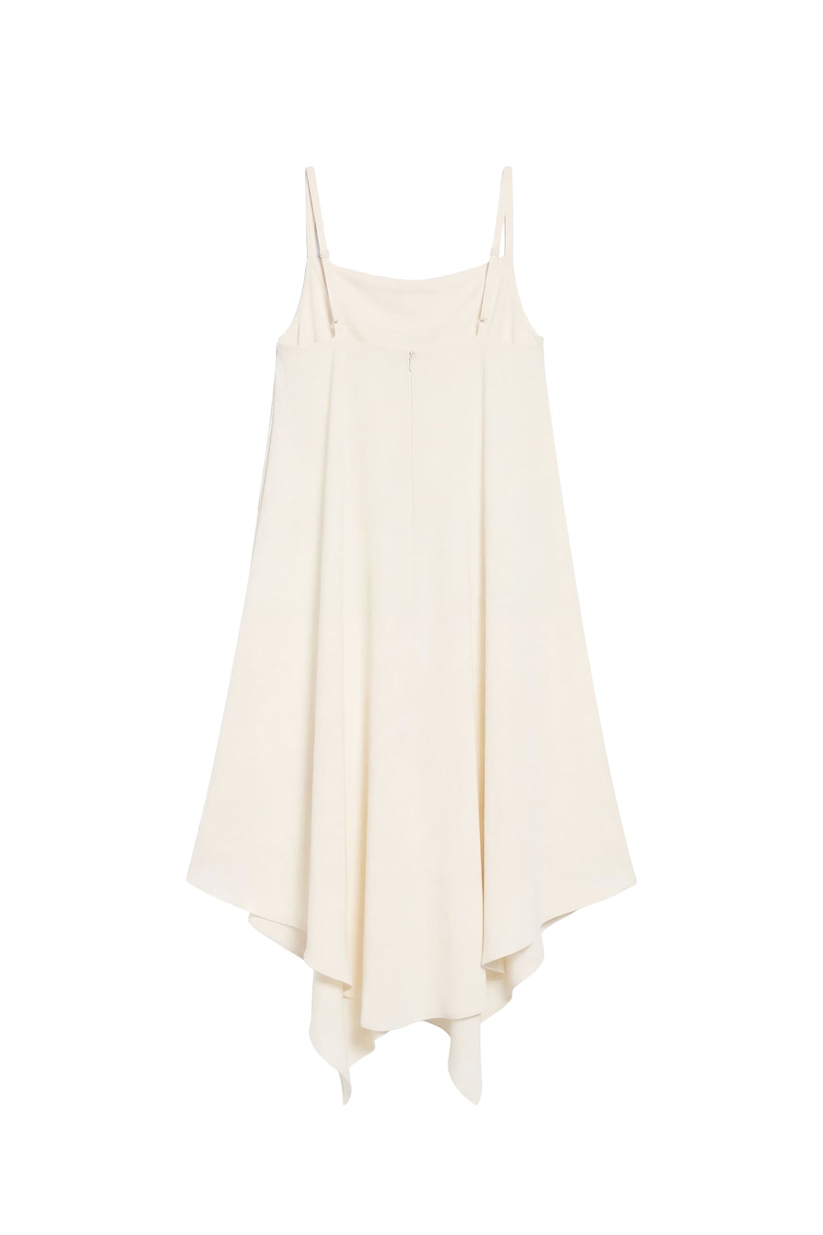 An off-white high-low slip dress with thin spaghetti straps, shown against a plain white background.