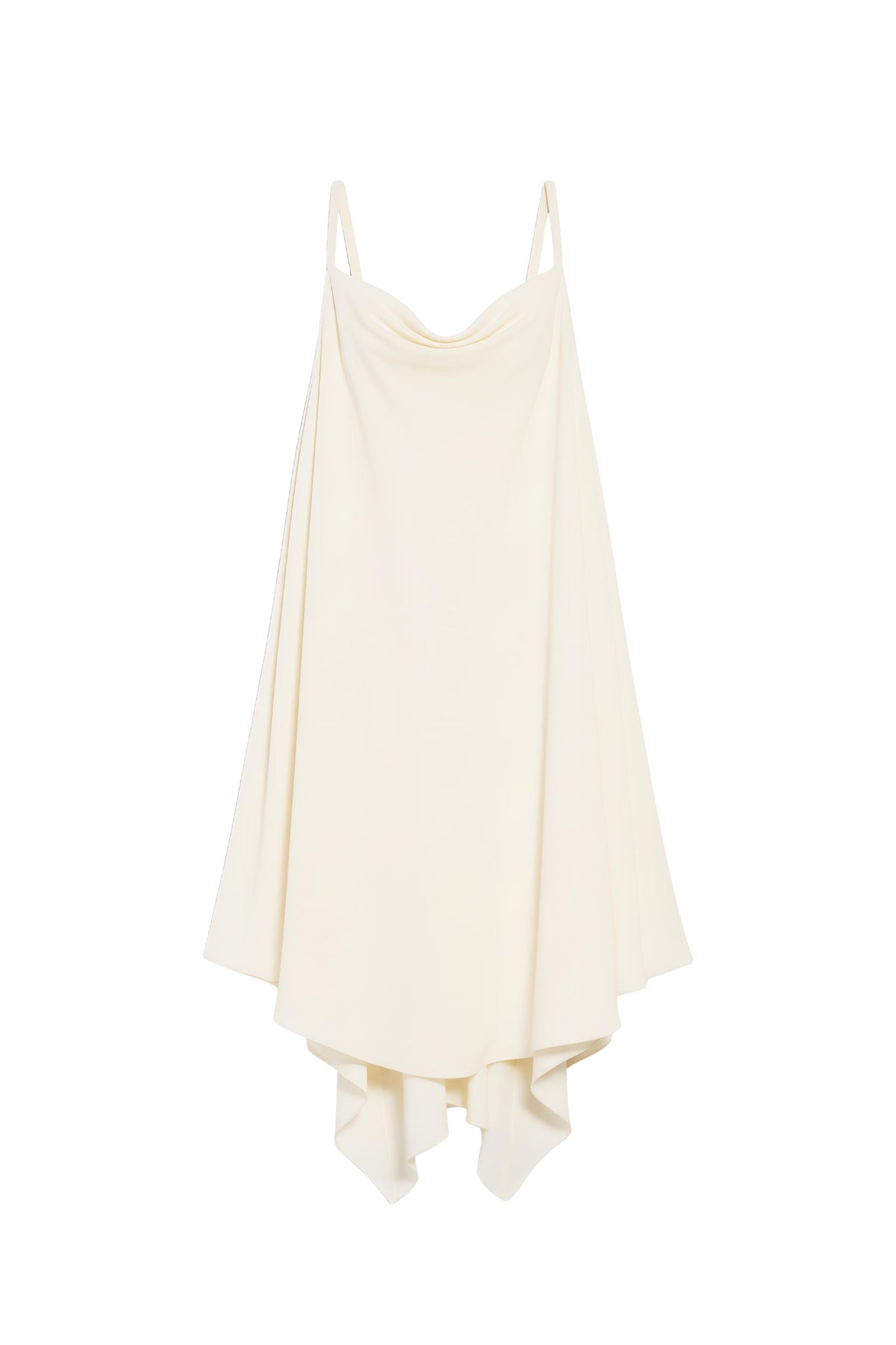 An off-white high-low slip dress with thin spaghetti straps and a draped neckline, shown against a plain white background.
