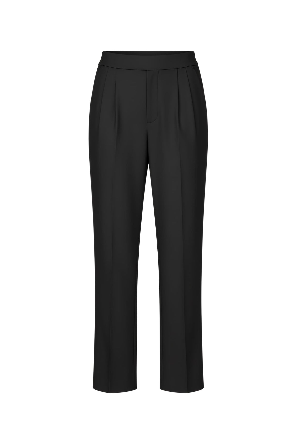 Black wide-leg cropped trousers with a high waist and front pleats, shown on a plain white background.