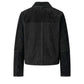 A black suede jacket shown from the back, featuring a high collar and long sleeves, photographed against a solid white background.