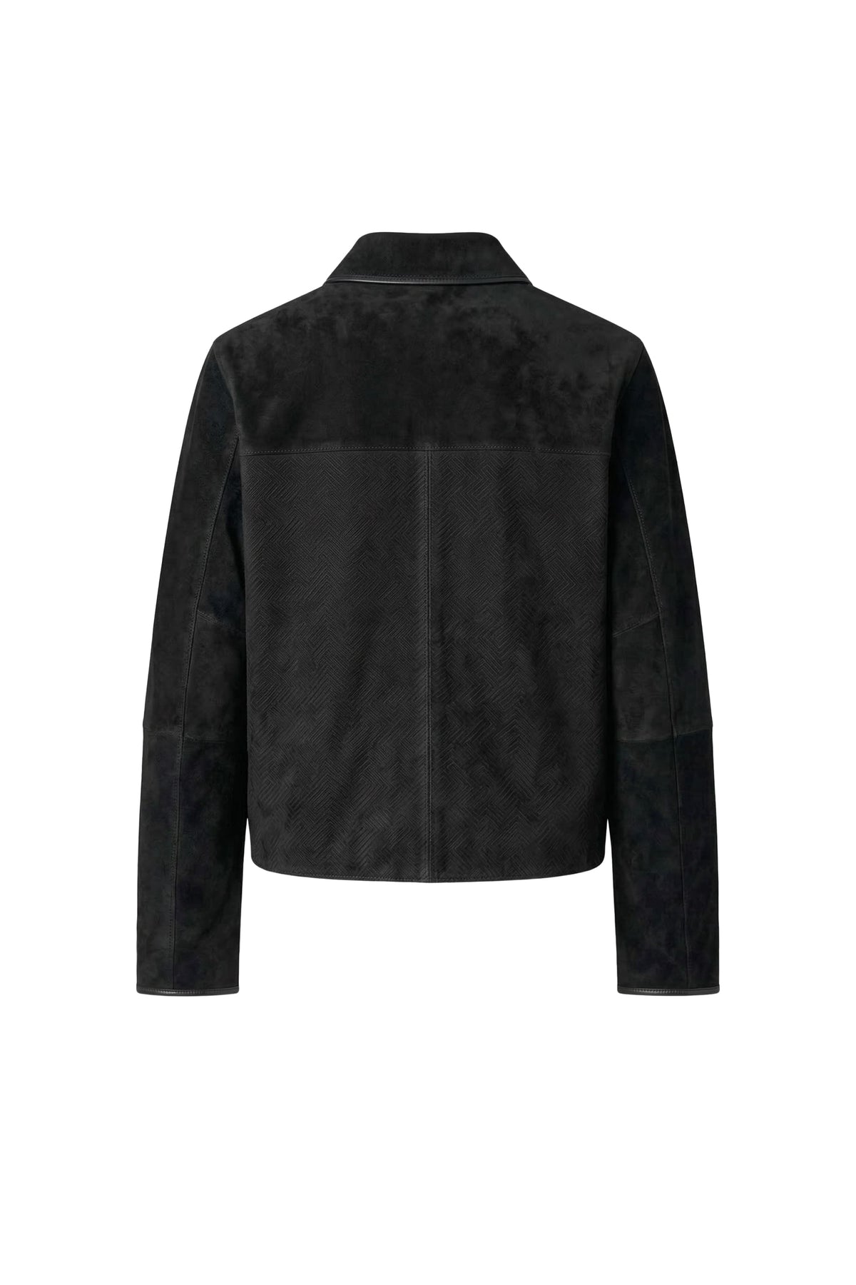 A black suede jacket shown from the back, featuring a high collar and long sleeves, photographed against a solid white background.