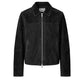 A black suede jacket with a full front zipper, a pointed collar, and side pockets, shown against a plain white background.