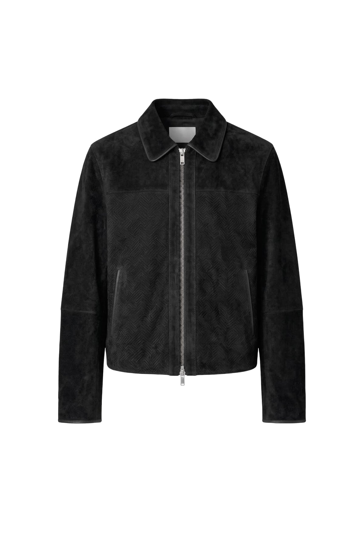 A black suede jacket with a full front zipper, a pointed collar, and side pockets, shown against a plain white background.