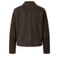 A dark brown suede jacket shown from the back, featuring a classic collar and long sleeves, photographed against a solid white background.