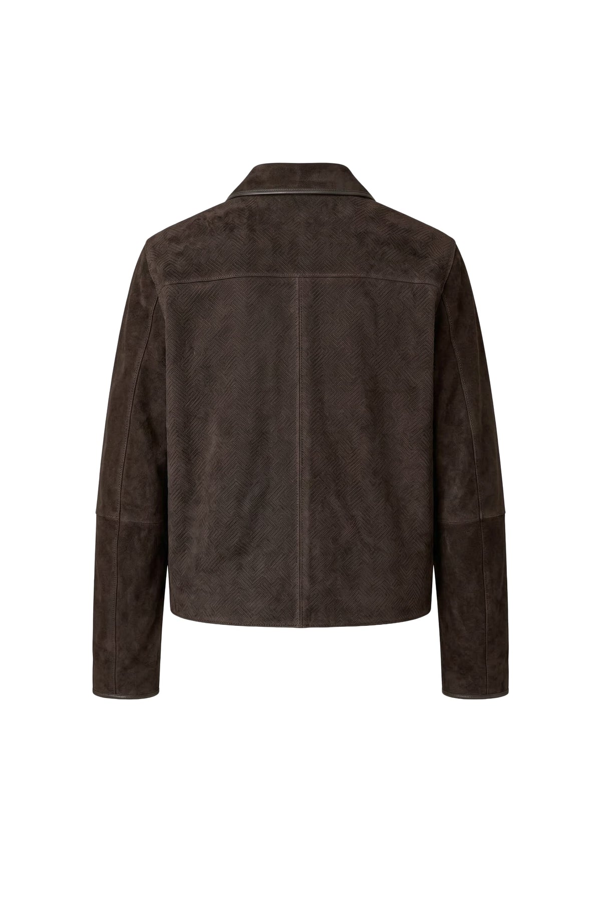 A dark brown suede jacket shown from the back, featuring a classic collar and long sleeves, photographed against a solid white background.