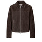 A dark brown suede jacket with a full front zipper, a pointed collar, and side pockets, shown against a plain white background.