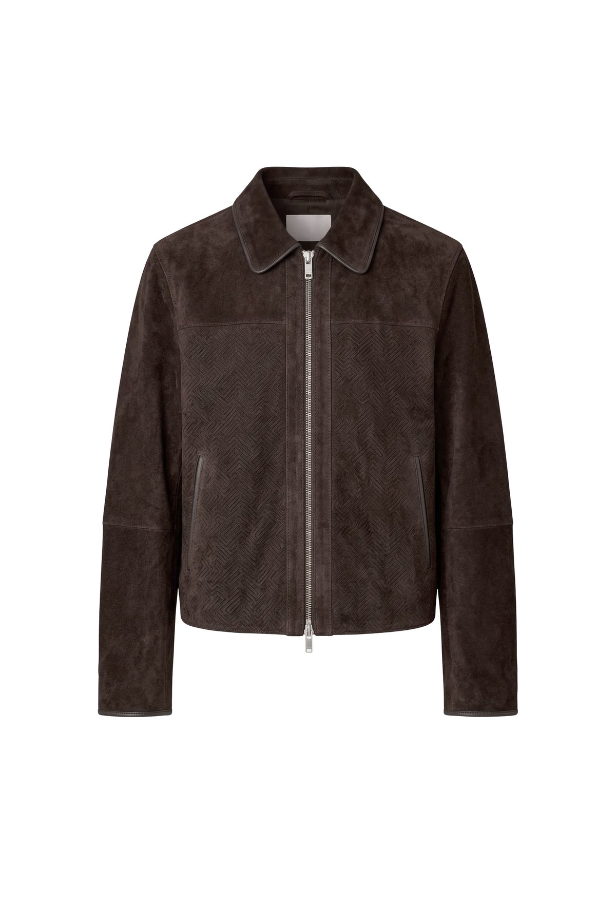 A dark brown suede jacket with a full front zipper, a pointed collar, and side pockets, shown against a plain white background.
