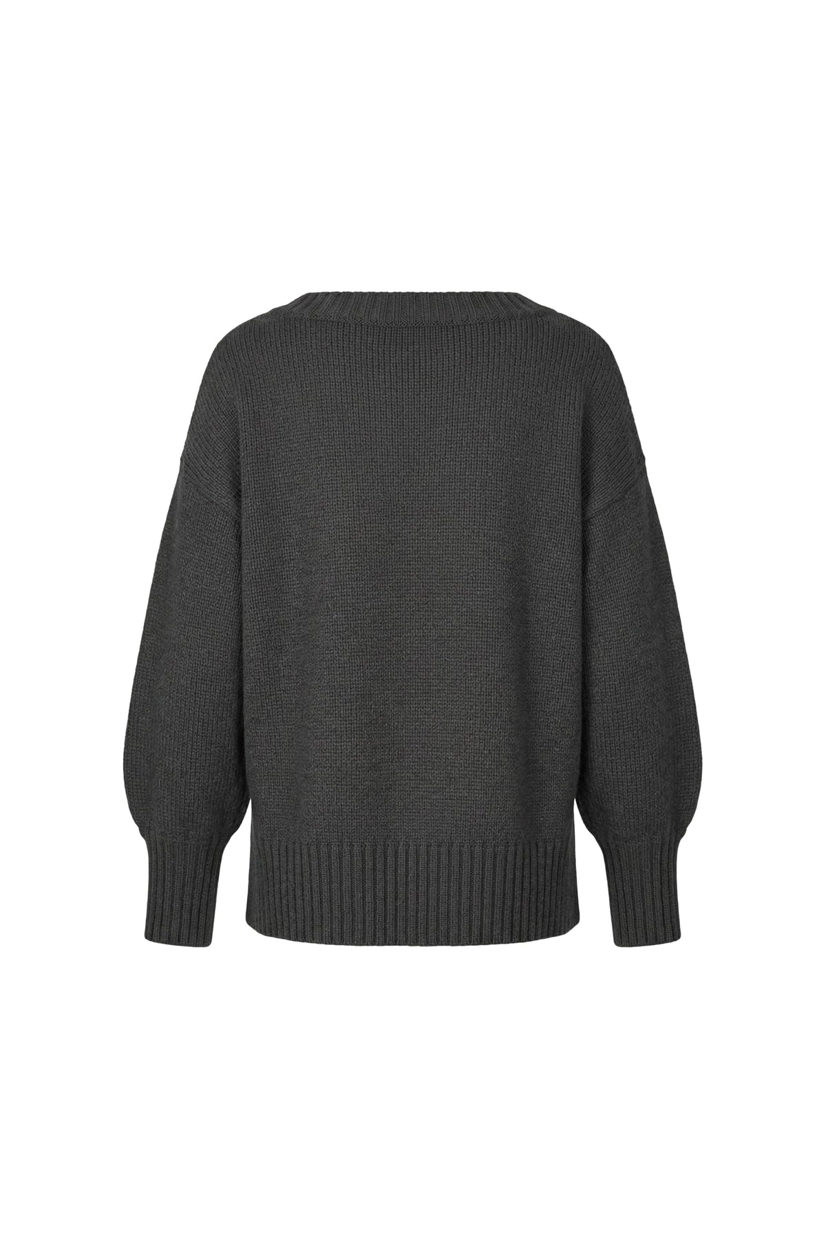 A dark gray knit sweater with a crew neck and ribbed cuffs and hem, shown from the back on a plain white background.