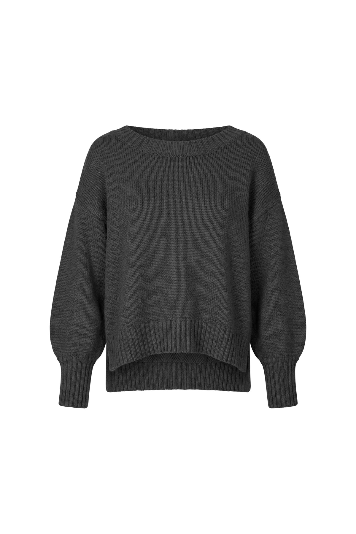 A dark gray ribbed knit sweater with a wide boat neckline and voluminous balloon sleeves, shown against a plain white background.