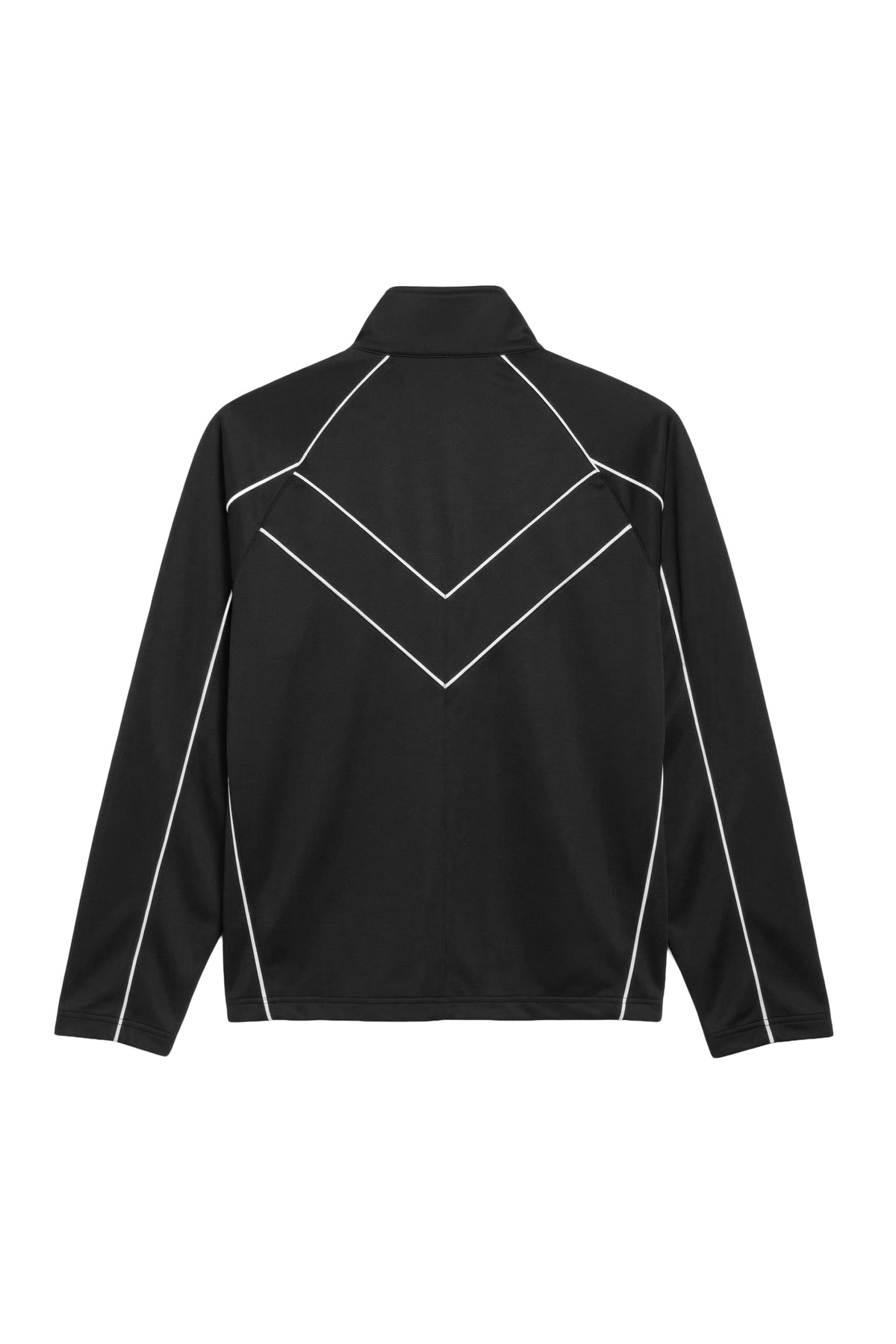 A black long-sleeve athletic jacket shown from the back, featuring a high collar and a prominent white geometric V-shaped line pattern across the upper back and shoulders.