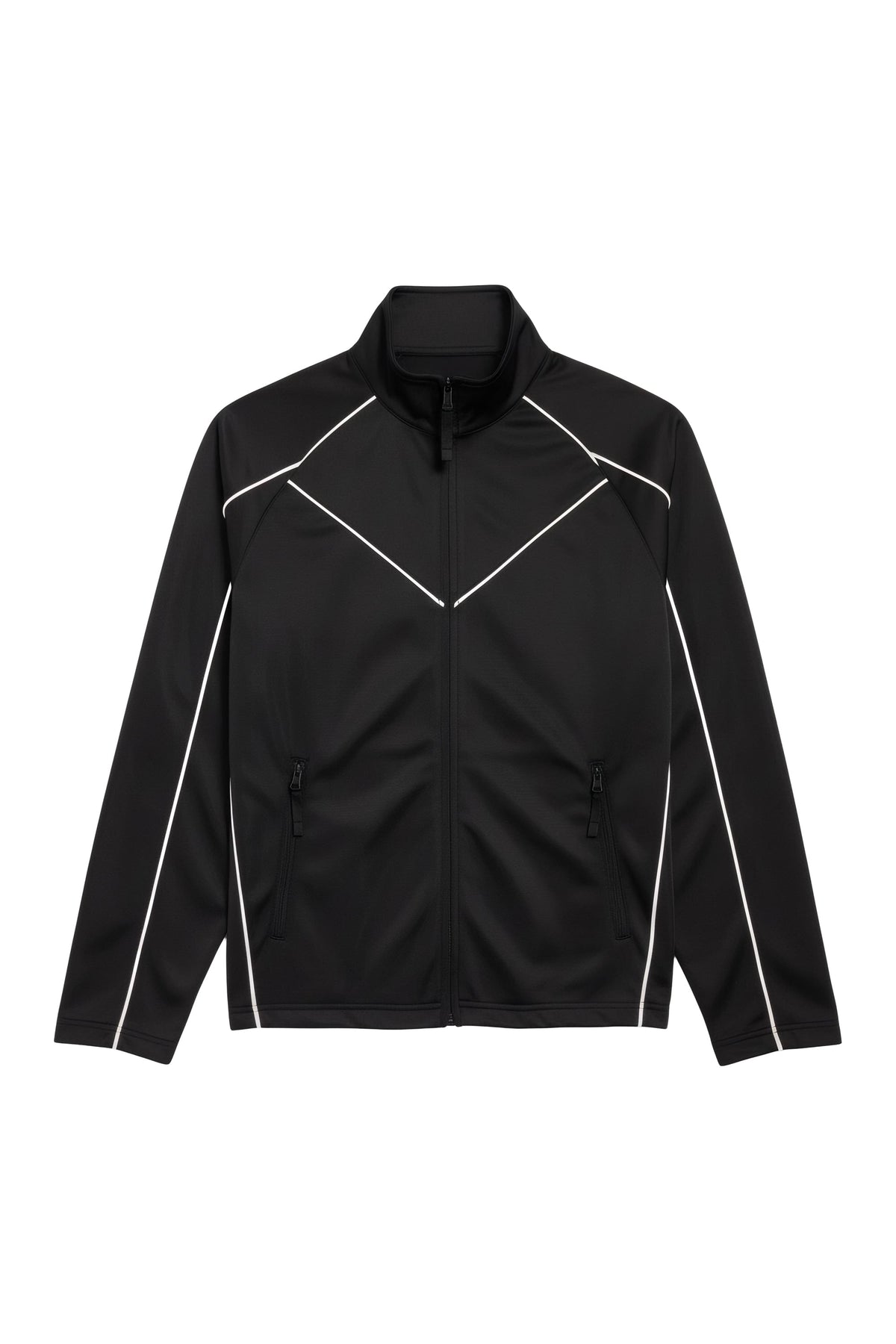 A black zip-up athletic jacket with white contrast piping details along the shoulders, sides, and sleeves, displayed on a solid white background.