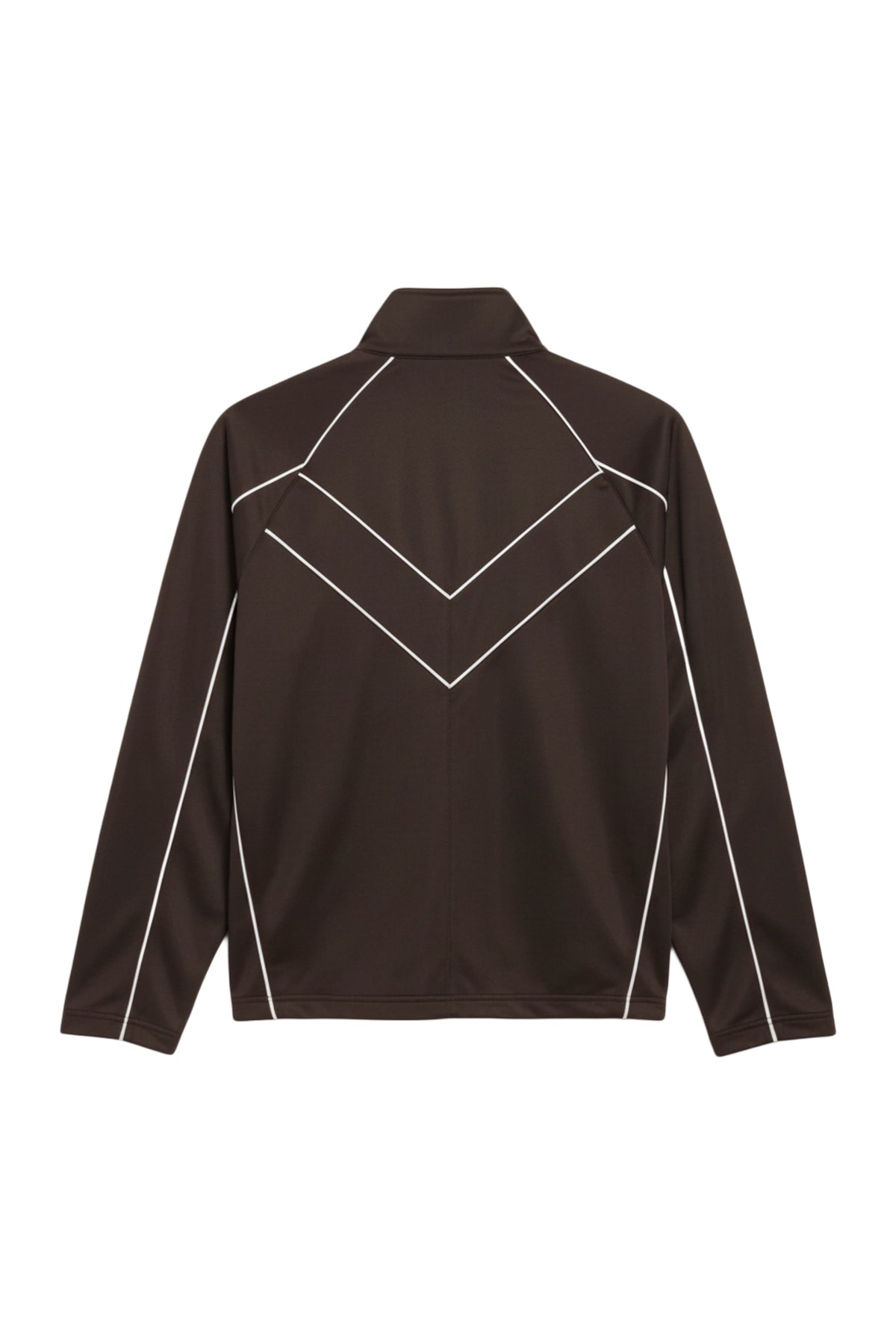 A dark brown long-sleeve jacket shown from the back, featuring a high collar and contrasting white piping forming a V-shaped pattern on the back and running down the sleeves.