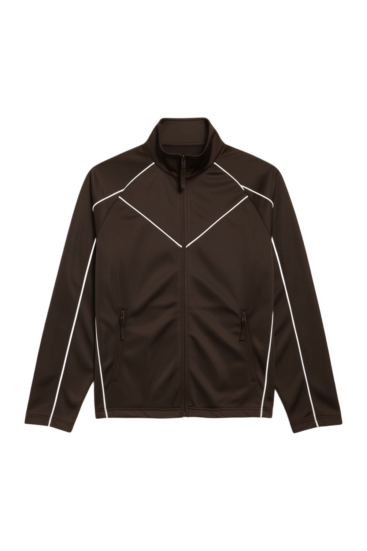 A dark brown athletic zip-up jacket with white contrast piping details along the shoulders, sides, and sleeves, displayed on a clean white background.