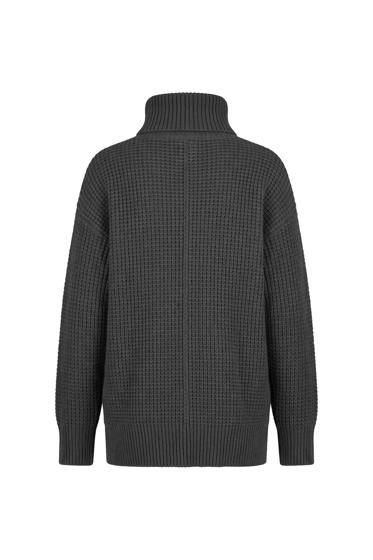 A dark gray ribbed knit sweater with a high mock neck collar, shown from the back on a plain white background.