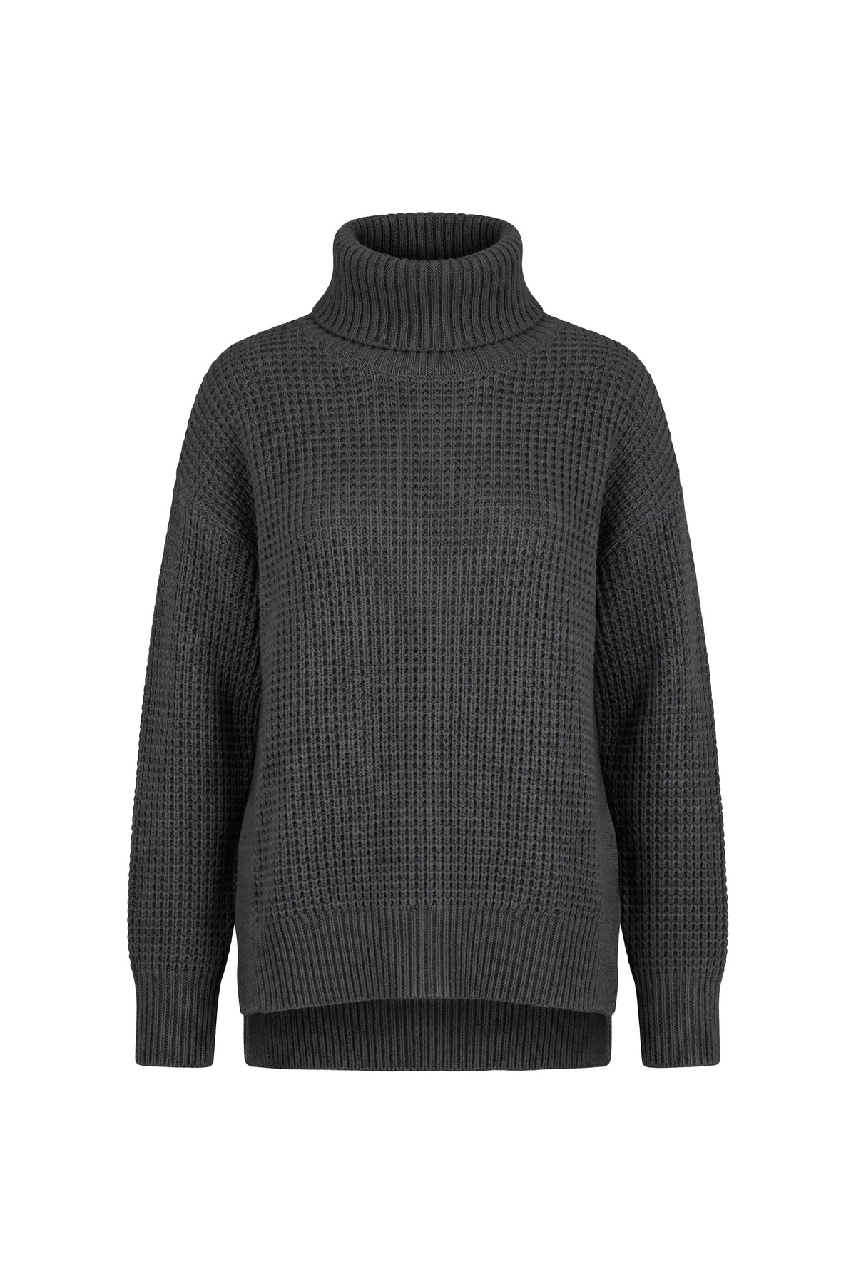 A dark gray waffle-knit turtleneck sweater displayed on a clean white background.