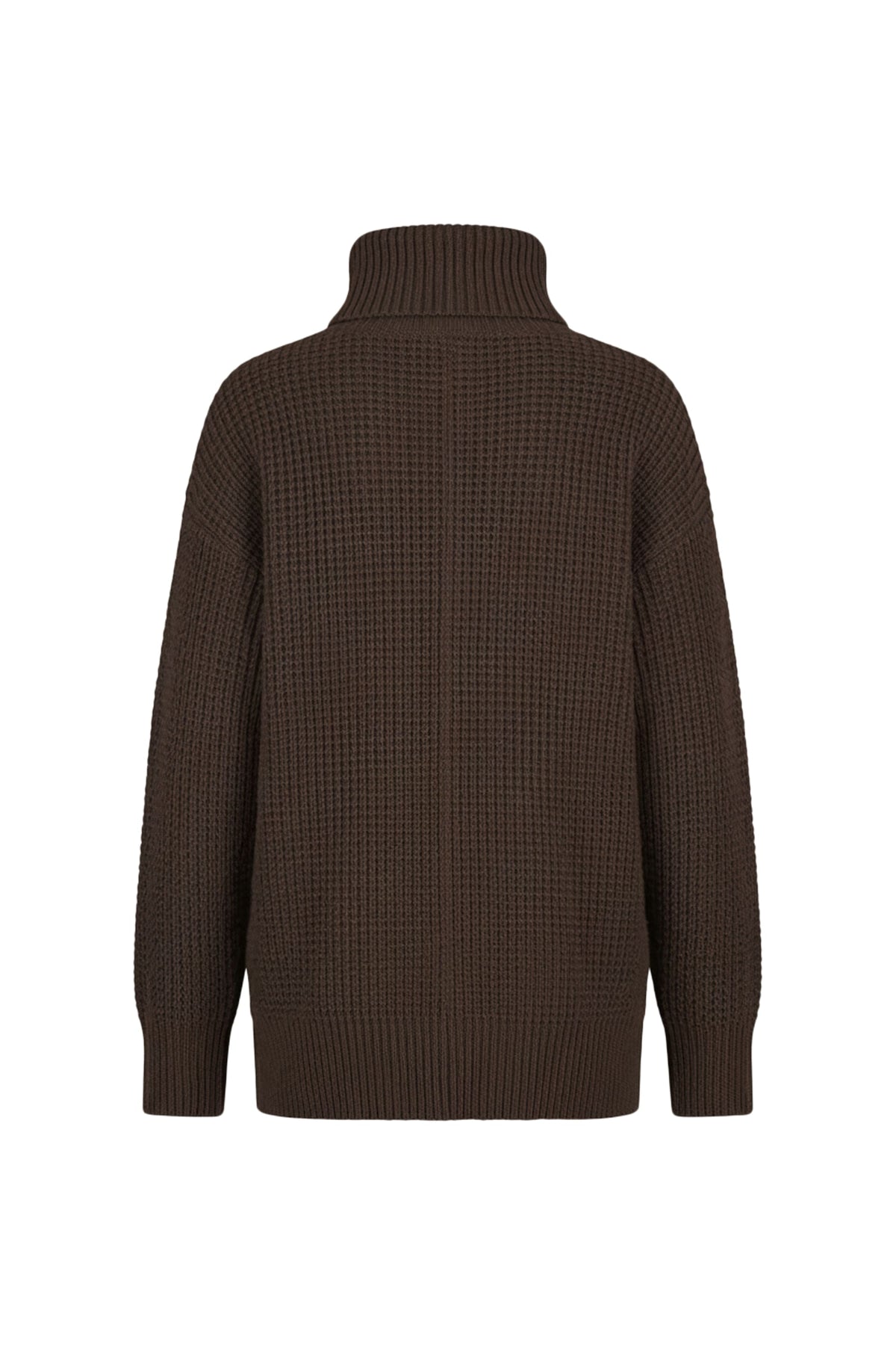 A dark brown ribbed knit sweater with a high mock neck collar, shown from the back on a plain white background.