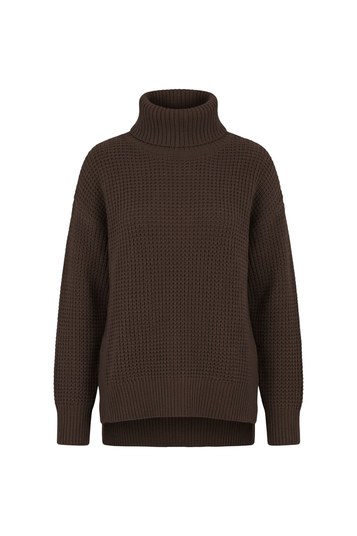 A dark brown textured knit turtleneck sweater displayed on a clean white background.