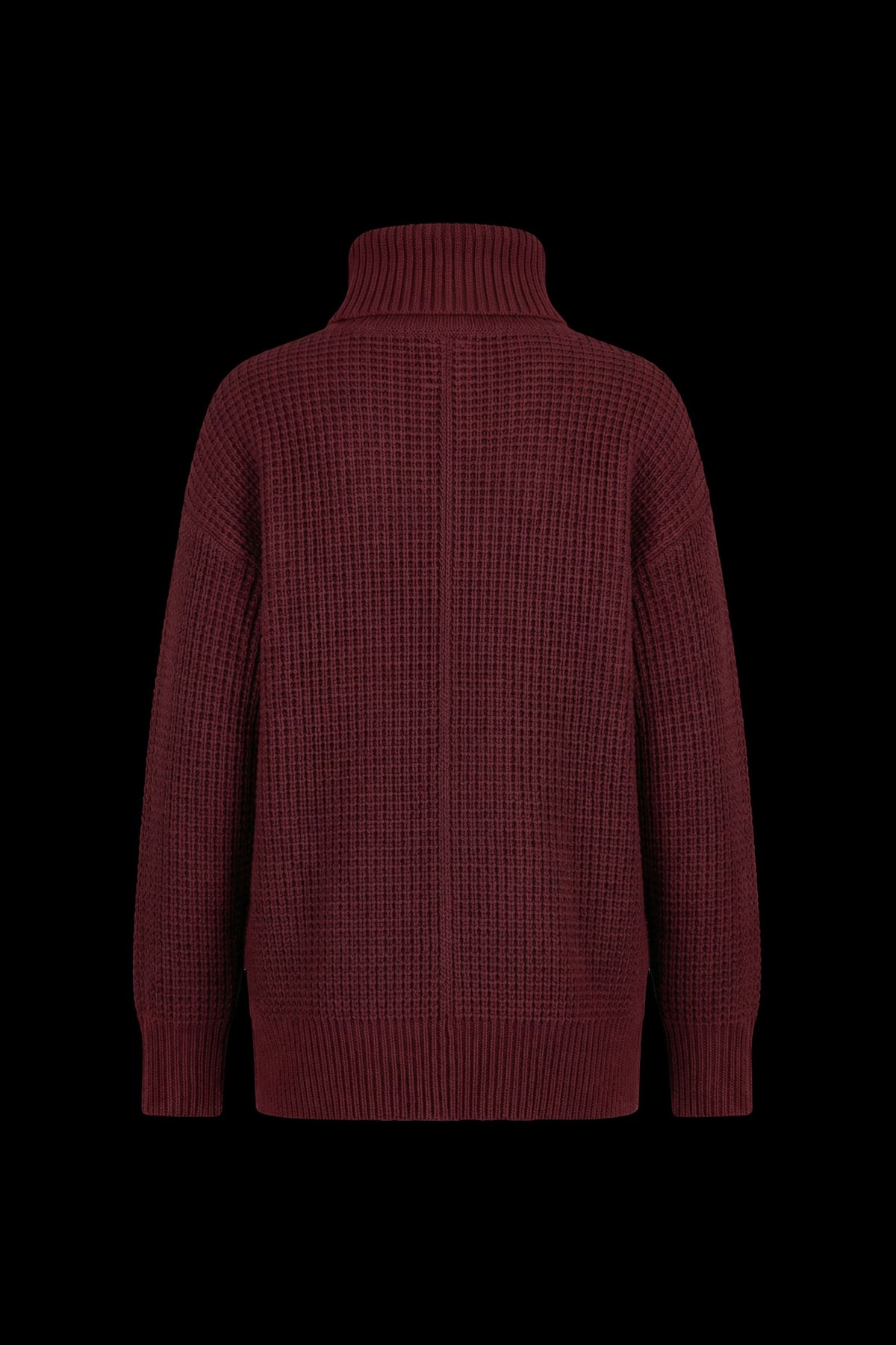 A dark burgundy ribbed knit sweater with a high turtleneck collar, shown from the back against a solid black background.