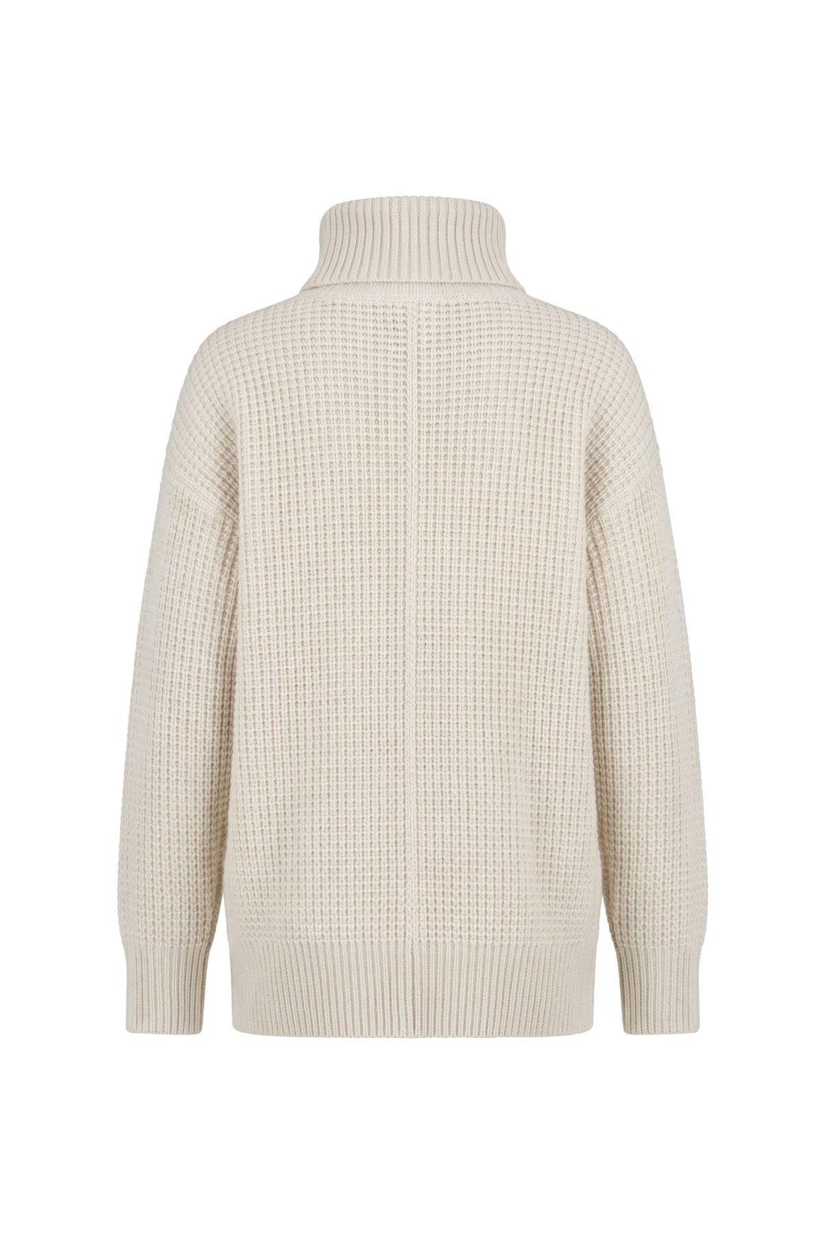 A cream-colored waffle-knit sweater with a mock neck, shown from the back on a plain white background.