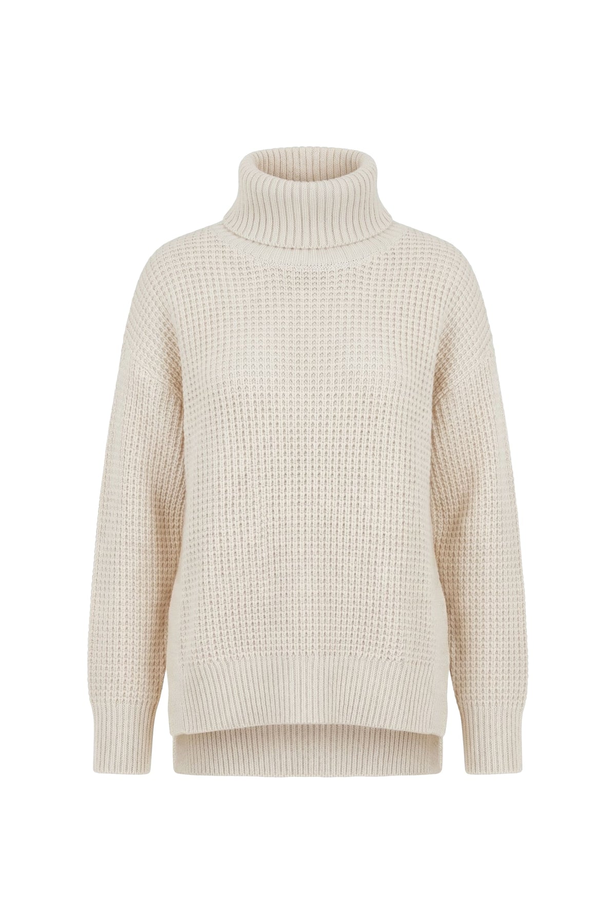 A cream-colored waffle-knit turtleneck sweater with long sleeves, shown against a plain white background.