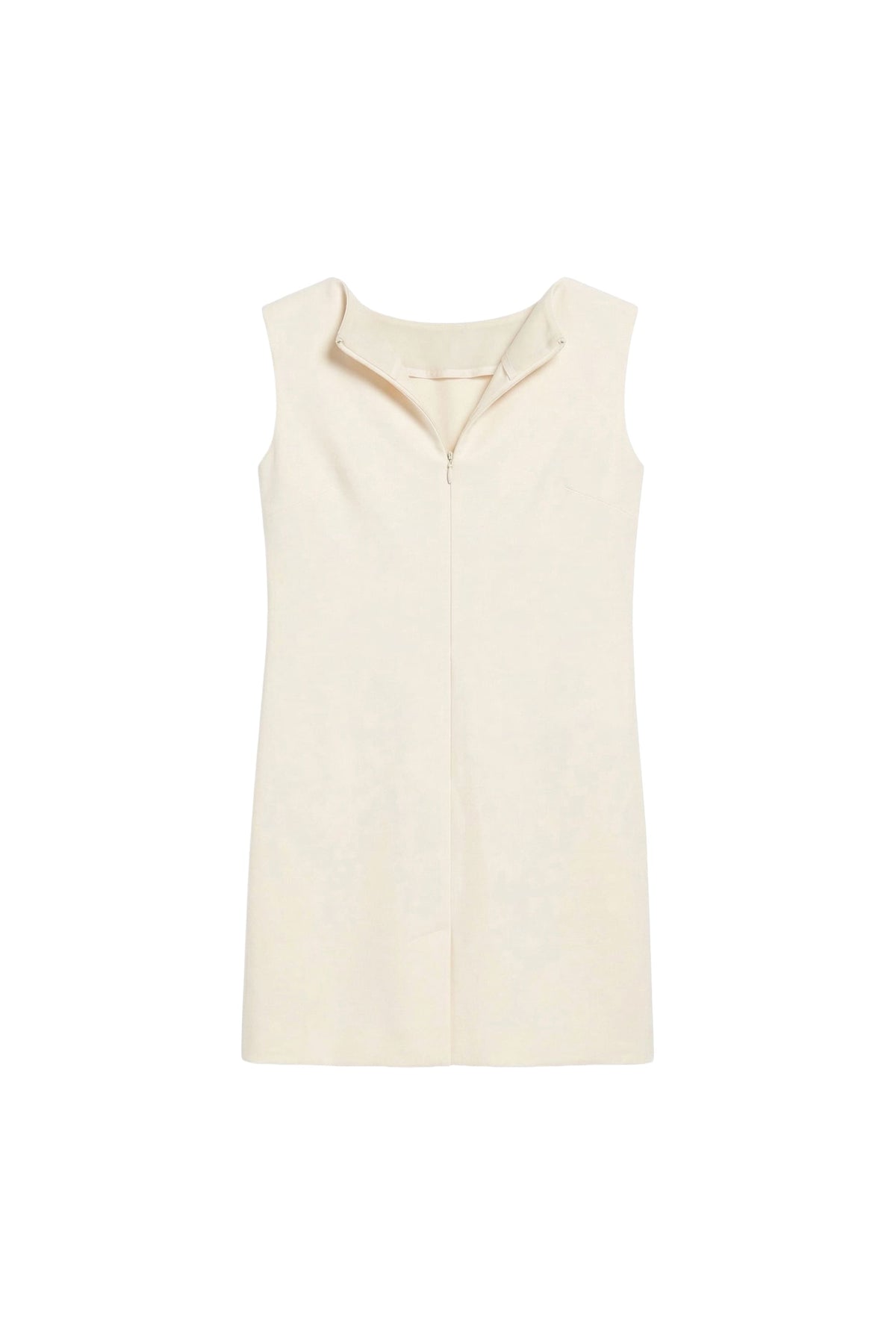 An off-white sleeveless top with a mock neck and front zipper, shown flat on a white background.