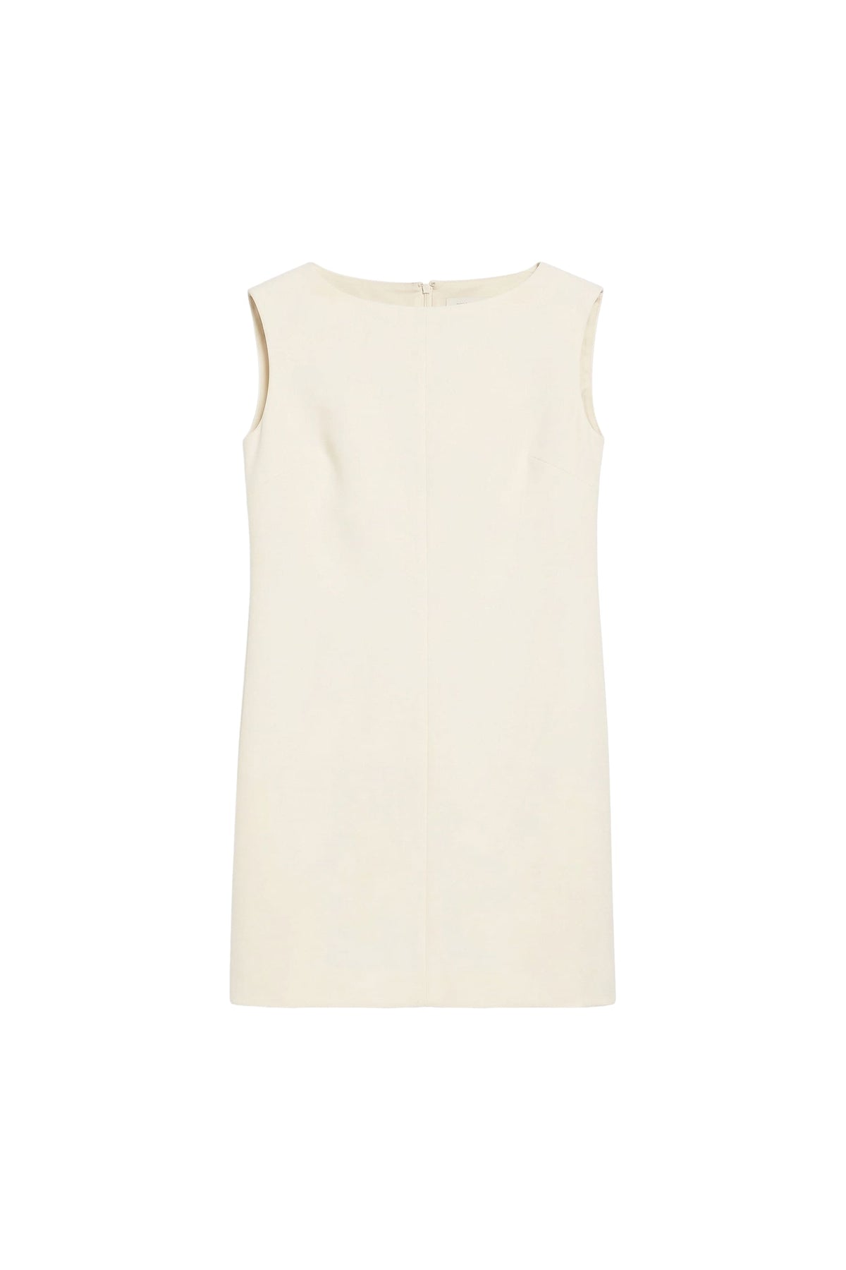 An off-white sleeveless shift dress with a round neckline, shown flat against a solid white background.