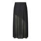 A black midi skirt featuring a structured upper half and a flowing, semi-sheer lower half with an asymmetrical draped design, shown against a plain white background.