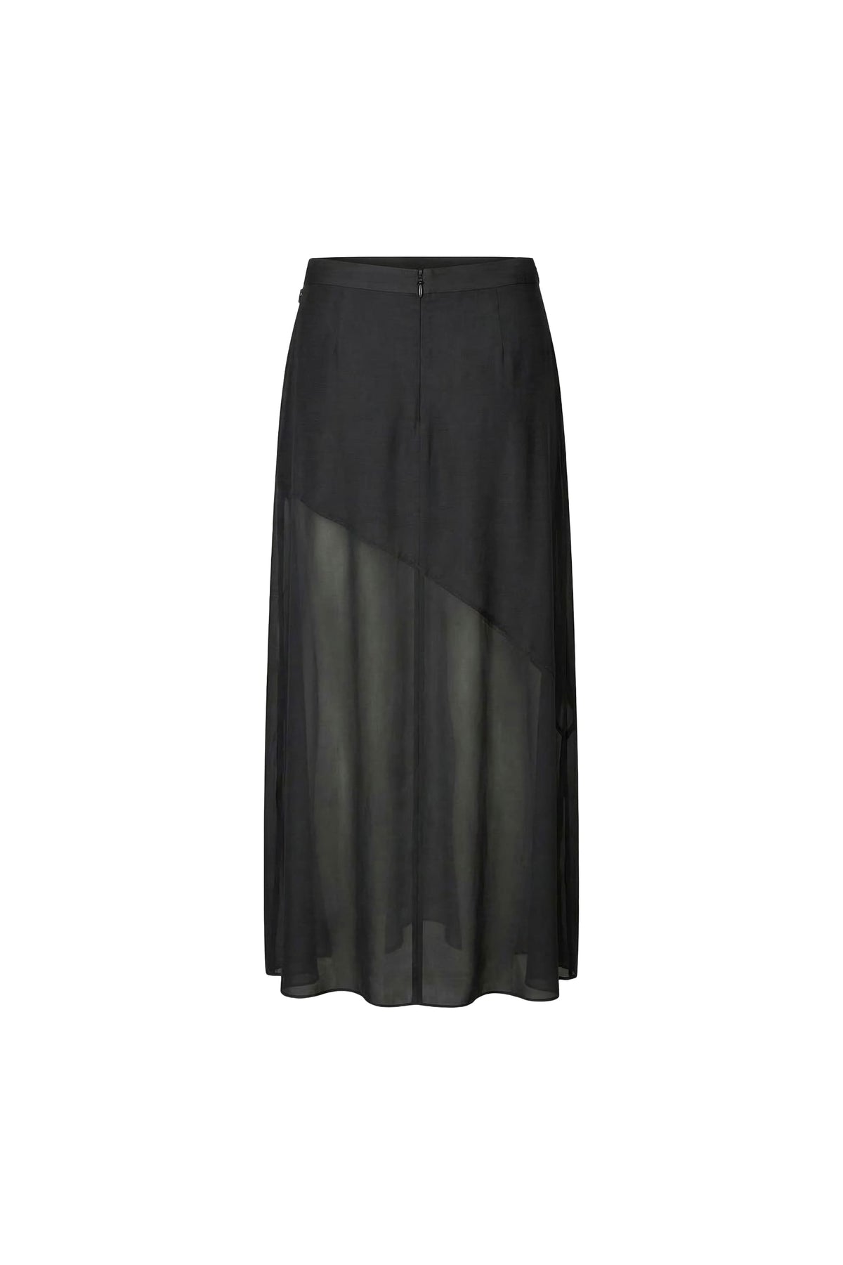 A black midi skirt featuring a structured upper half and a flowing, semi-sheer lower half with an asymmetrical draped design, shown against a plain white background.
