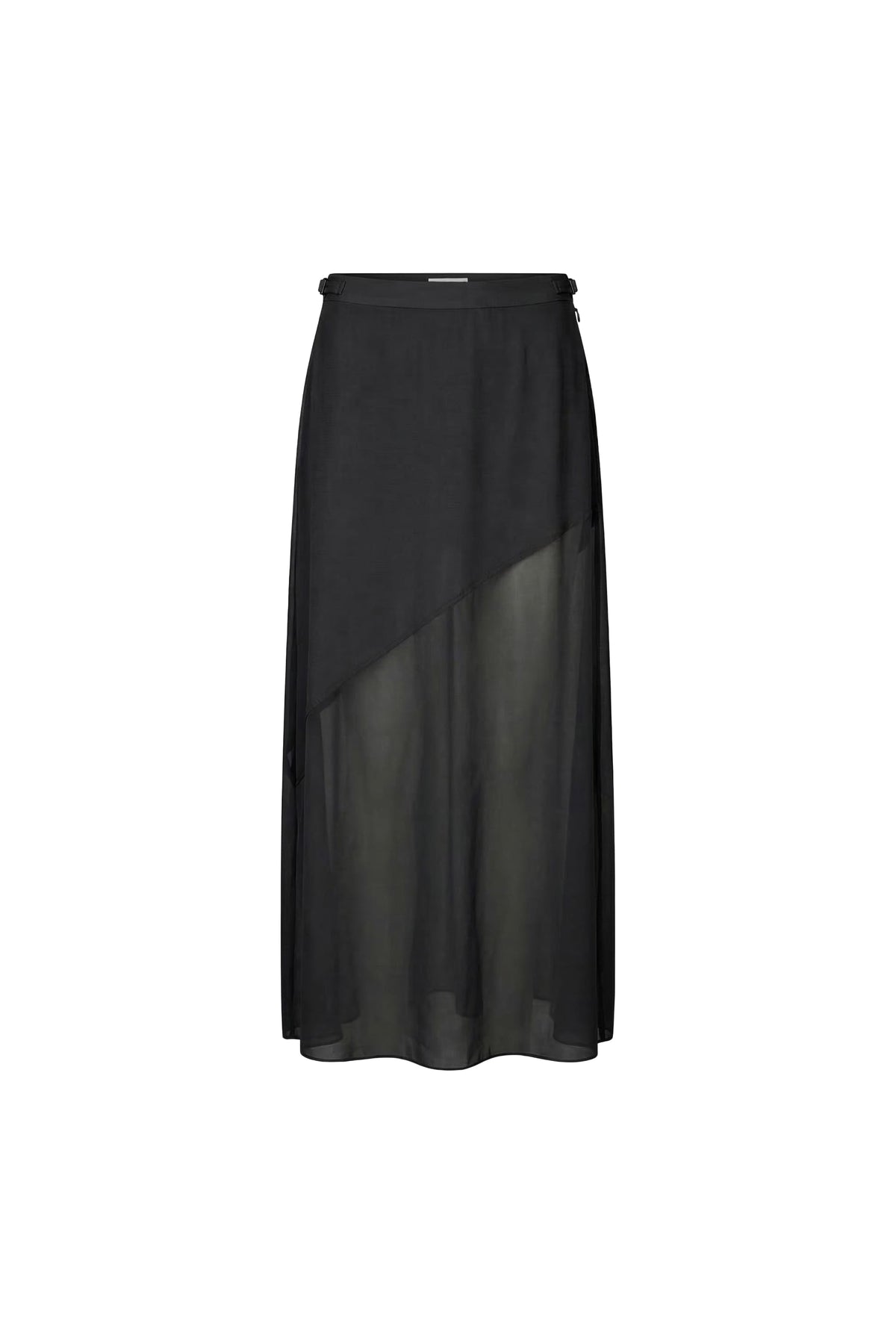 A black midi skirt with a structured waistband and an asymmetrical draped overlay, shown against a plain white background.