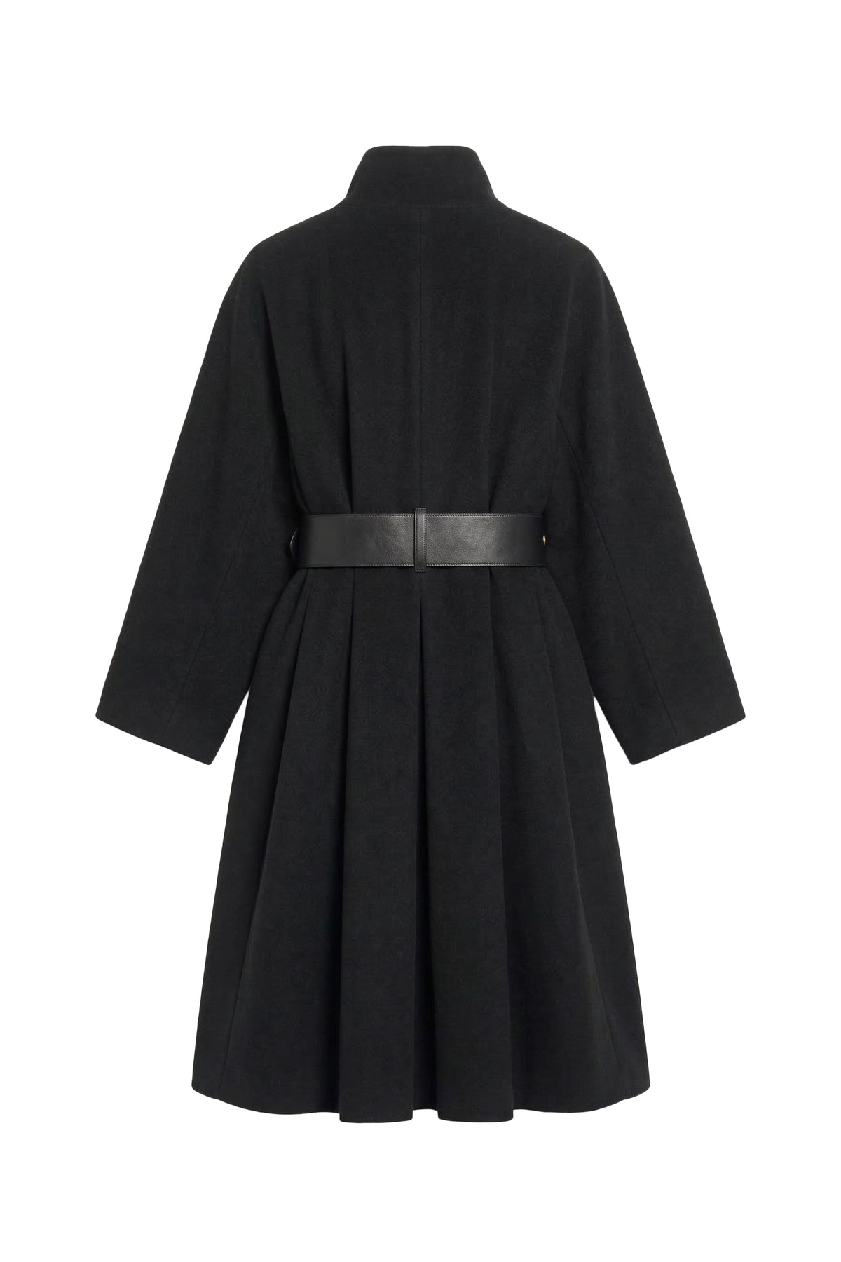 A black long-sleeve coat with a high stand collar, pleated skirt, and a matching black belt at the waist, shown from the back on a white background.