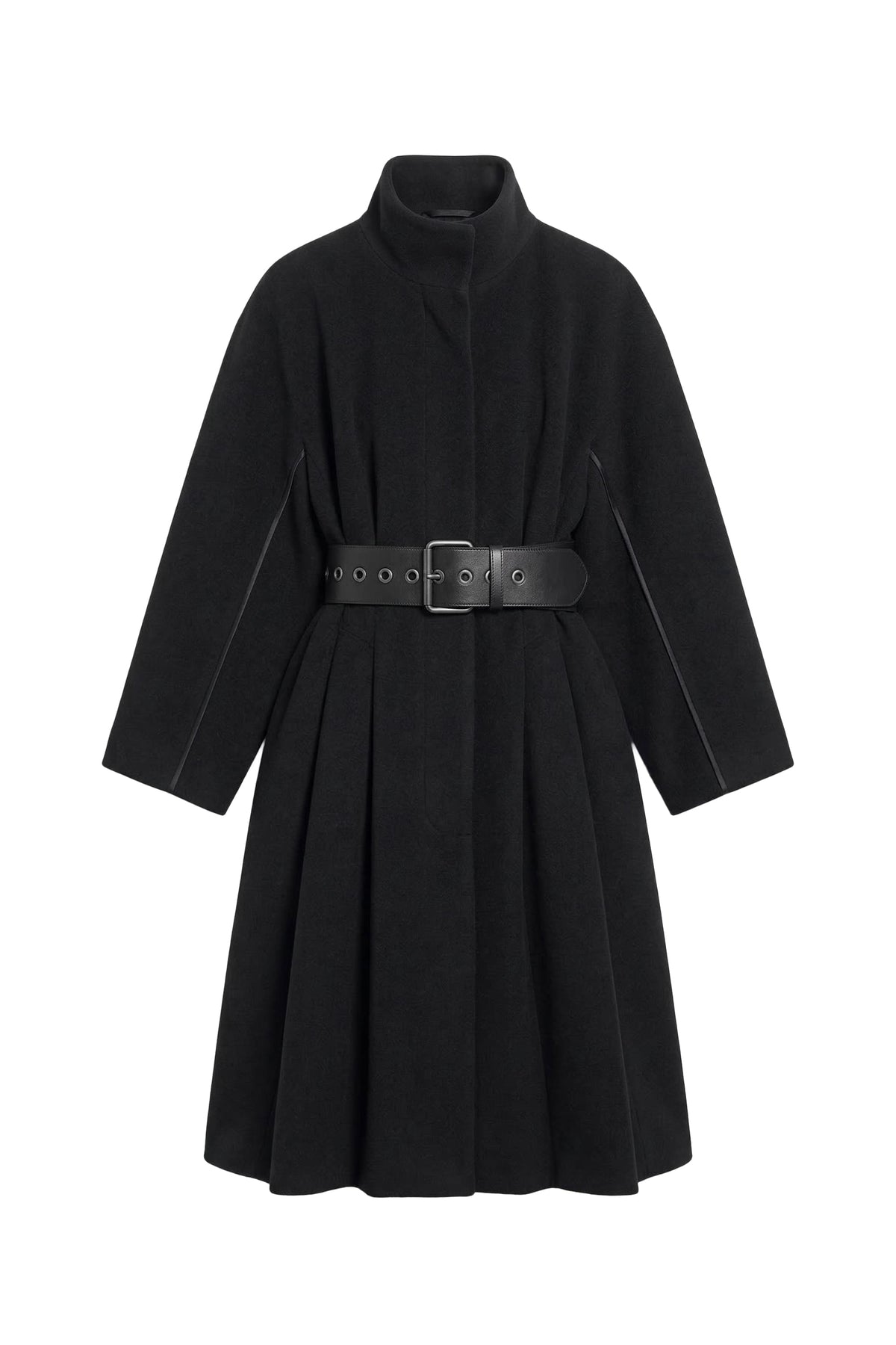 A black long-sleeve coat with a high stand collar, a matching black belt with a silver buckle, and a pleated skirt, shown against a plain white background.