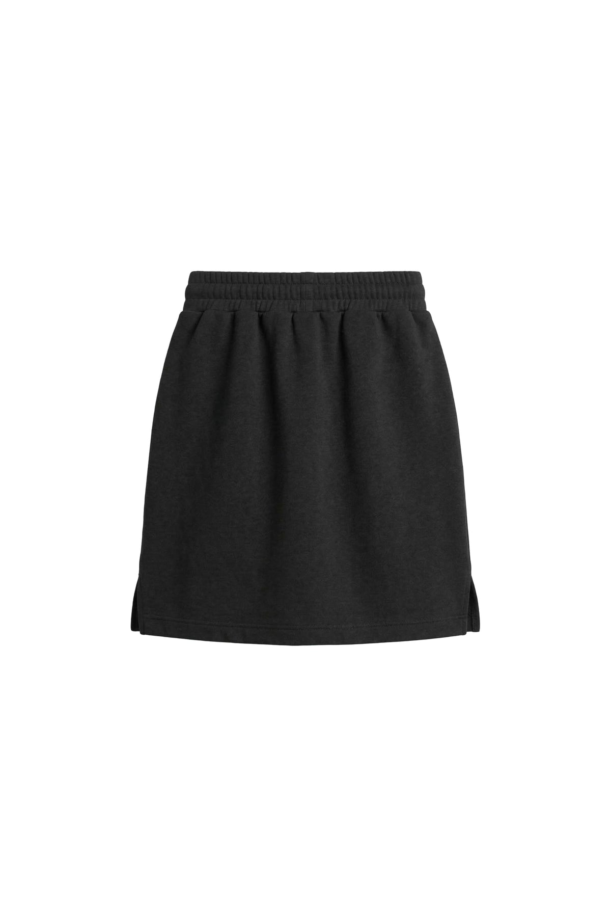 A black knit mini skirt with an elastic waistband, shown flat against a plain white background.