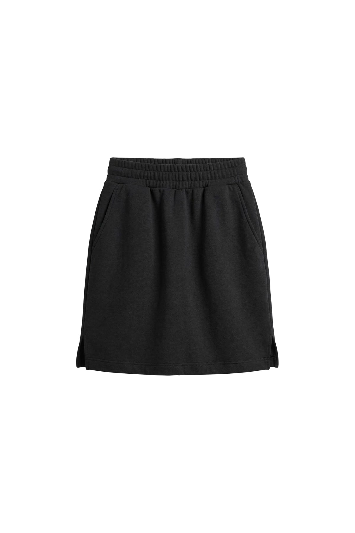 A black athletic mini skirt with an elastic waistband, shown flat against a plain white background.