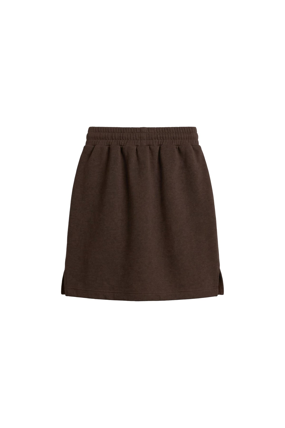 A dark brown knit mini skirt with an elastic waistband, shown flat against a plain white background.