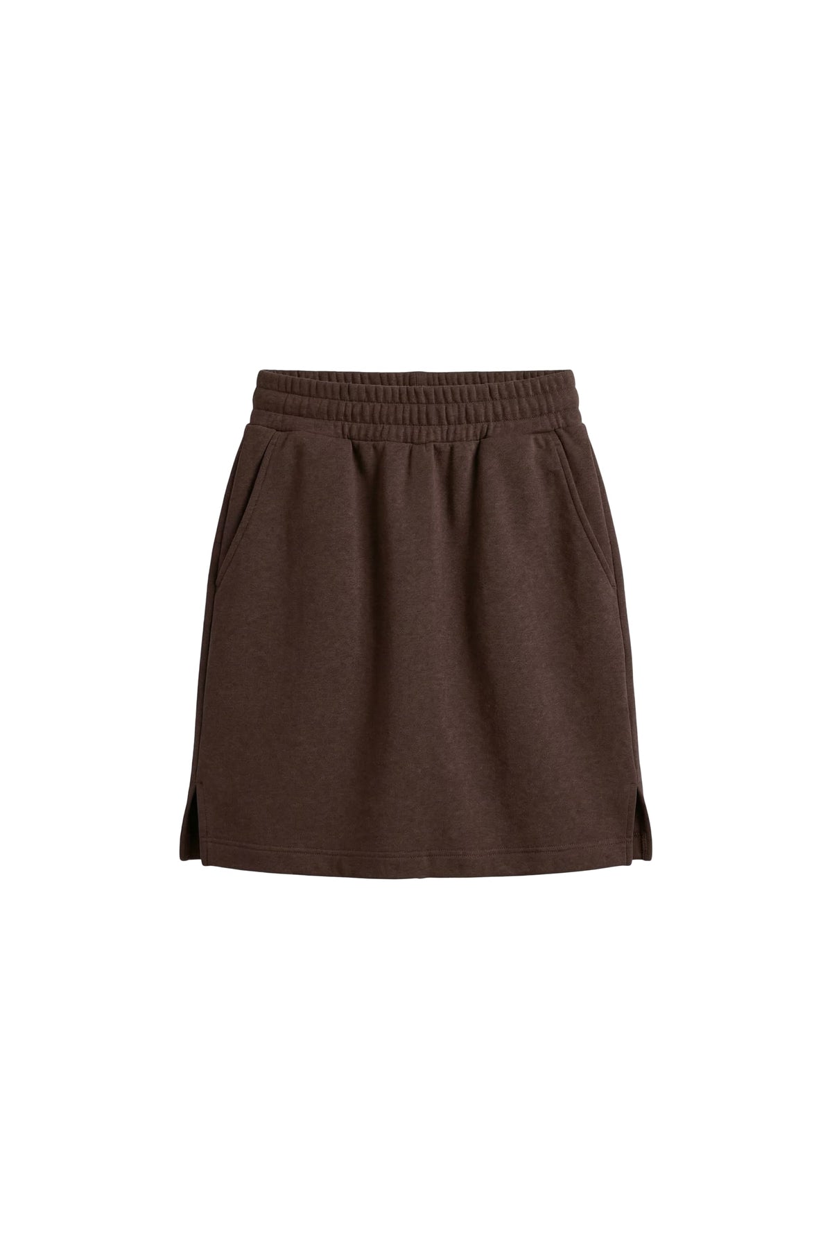 A black athletic mini skirt with an elastic waistband, shown flat against a plain white background.