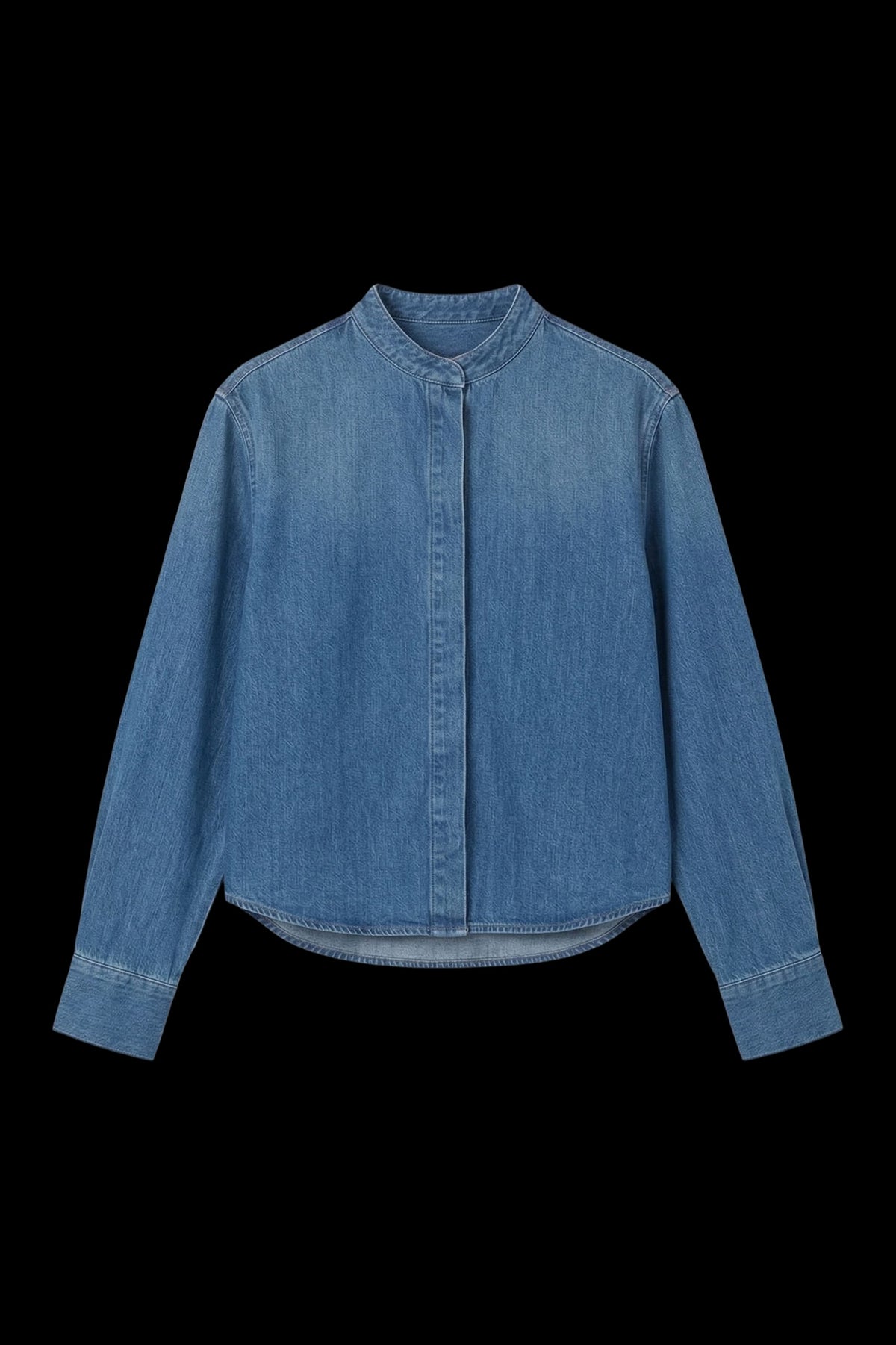 A light blue denim long-sleeve button-up shirt with a mandarin collar, shown flat against a solid black background.