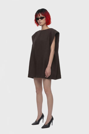 A sleeveless dark brown knit dress with a boat neckline, shown from the back on a plain white background.