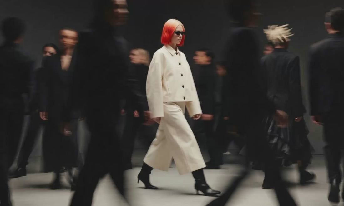 A model with bright orange hair and sunglasses walks a fashion runway in a striking cream white jacket and wide-leg pant suit, contrasting with a crowd of blurry figures dressed in black.
