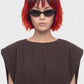 A sleeveless dark brown knit dress with a boat neckline, shown from the back on a plain white background.