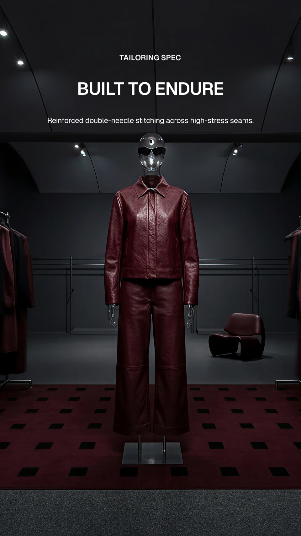 A dark red leather jacket and matching wide-leg pants displayed on a mannequin in a dimly lit showroom. White text at the top reads 'TAILORING SPEC' and 'BUILT TO ENDURE' with a smaller description about reinforced stitching.
