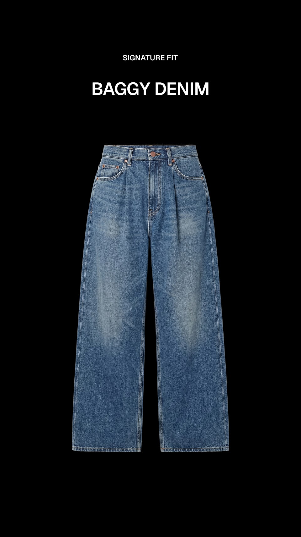 Light blue baggy wide-leg denim jeans shown flat against a black background with the text 'SIGNATURE FIT BAGGY DENIM' above them.