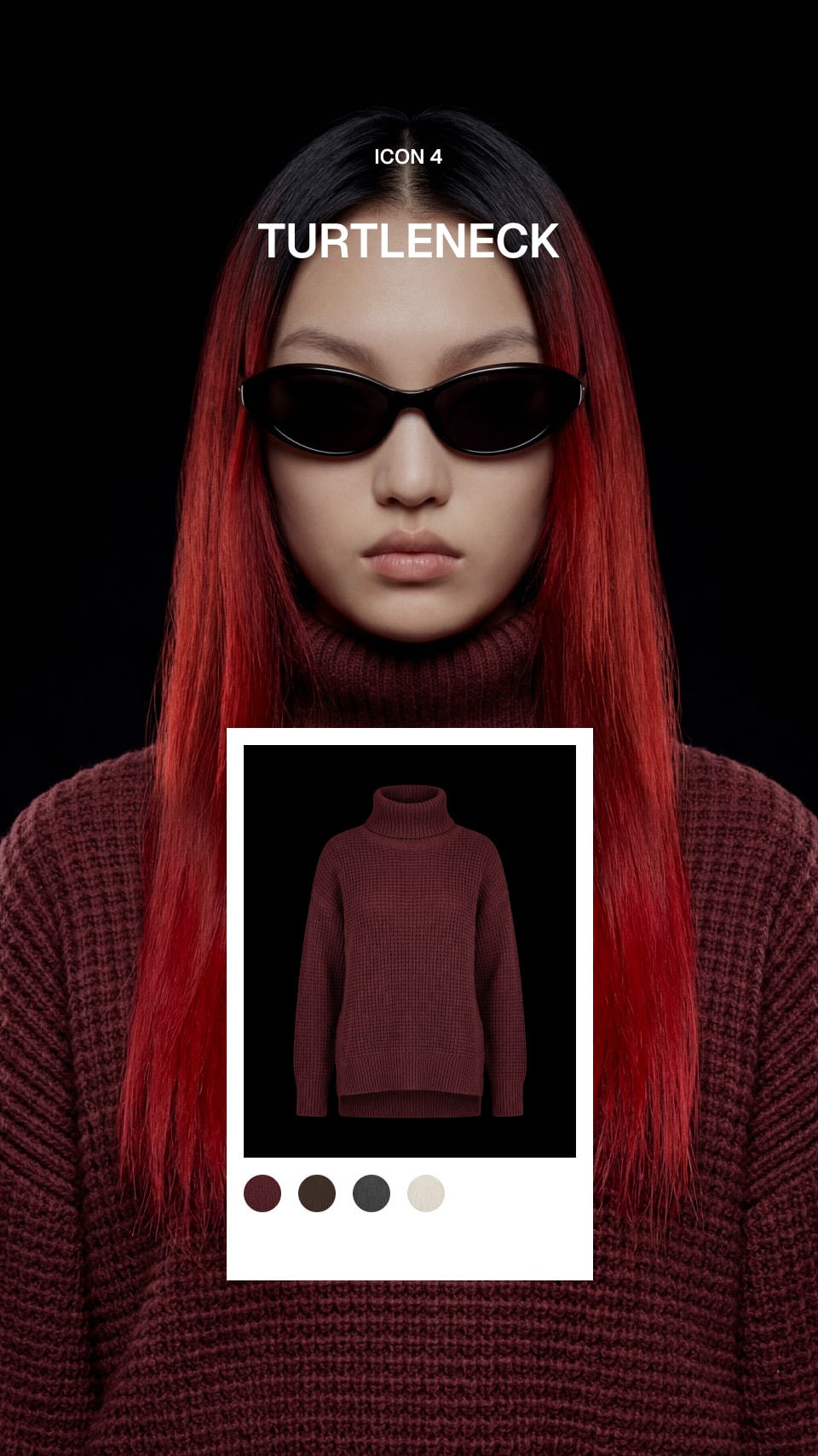 A model with long red hair and black sunglasses wears a dark burgundy turtleneck sweater, with an inset product frame showing the same sweater on a black background. White text at the top reads 'ICON 1 TURTLENECK'.