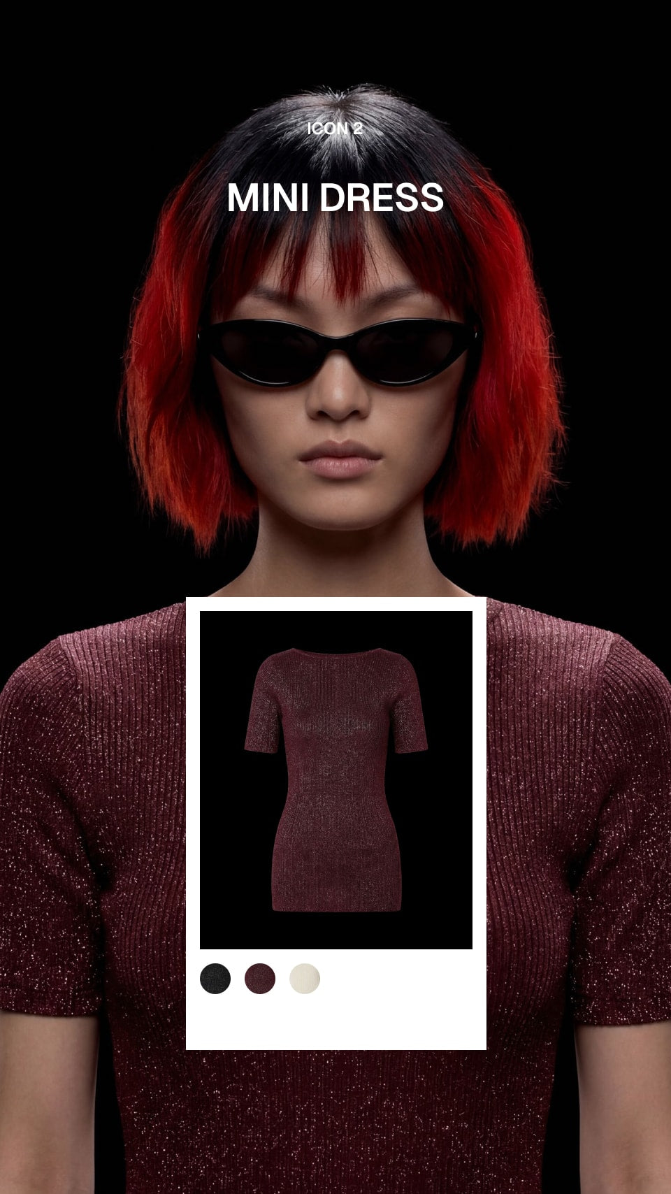 A model with a short red-and-black bob haircut and black sunglasses wears a sparkly burgundy mini dress, with an inset showing the dress alone on a black background and the text 'MINI DRESS' above.