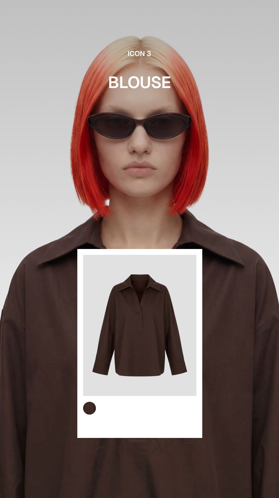 A model with a short red-to-blonde ombre wig and black sunglasses wears an oversized dark brown collared blouse. A centered white inset shows a smaller product rendering of the same blouse, with the word 'BLOUSE' above it and a small color swatch below.