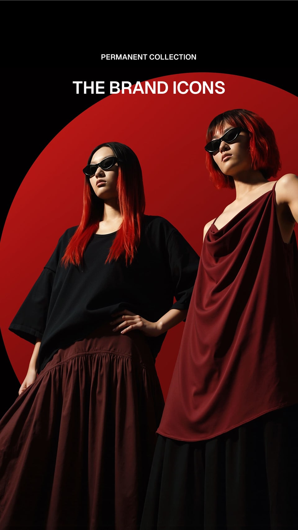 Two fashion models wearing sunglasses pose against a bold red circular backdrop on a black background. Text at the top reads 'PERMANENT COLLECTION' and 'THE BRAND ICONS'.