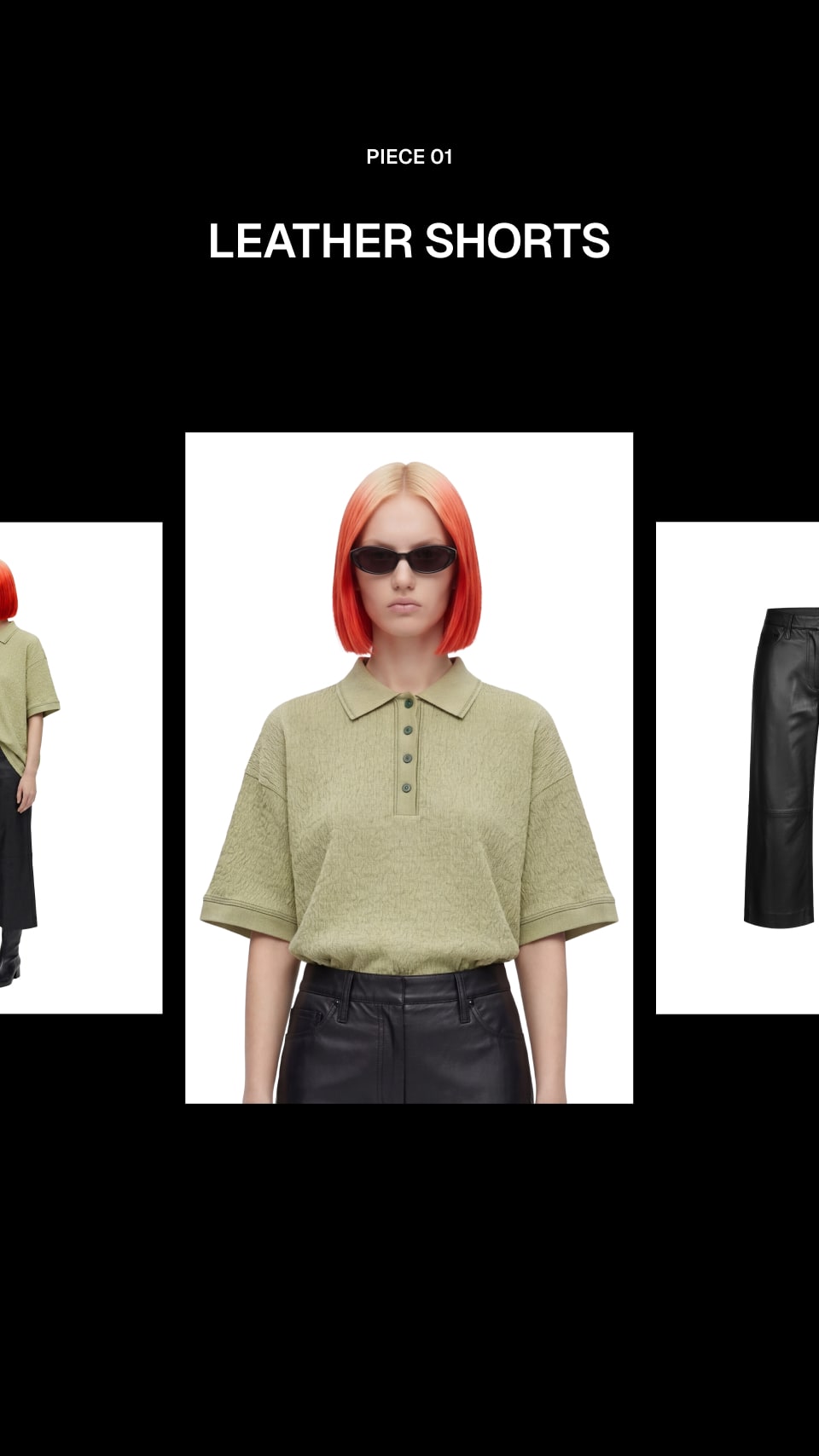 A fashion catalog layout showing a model wearing light olive green leather shorts with a buttoned polo-style collar, paired with black leather pants. The layout includes text reading 'PIECE 01 LEATHER SHORTS' on a black background, with partial side views of the garment on the left and right.