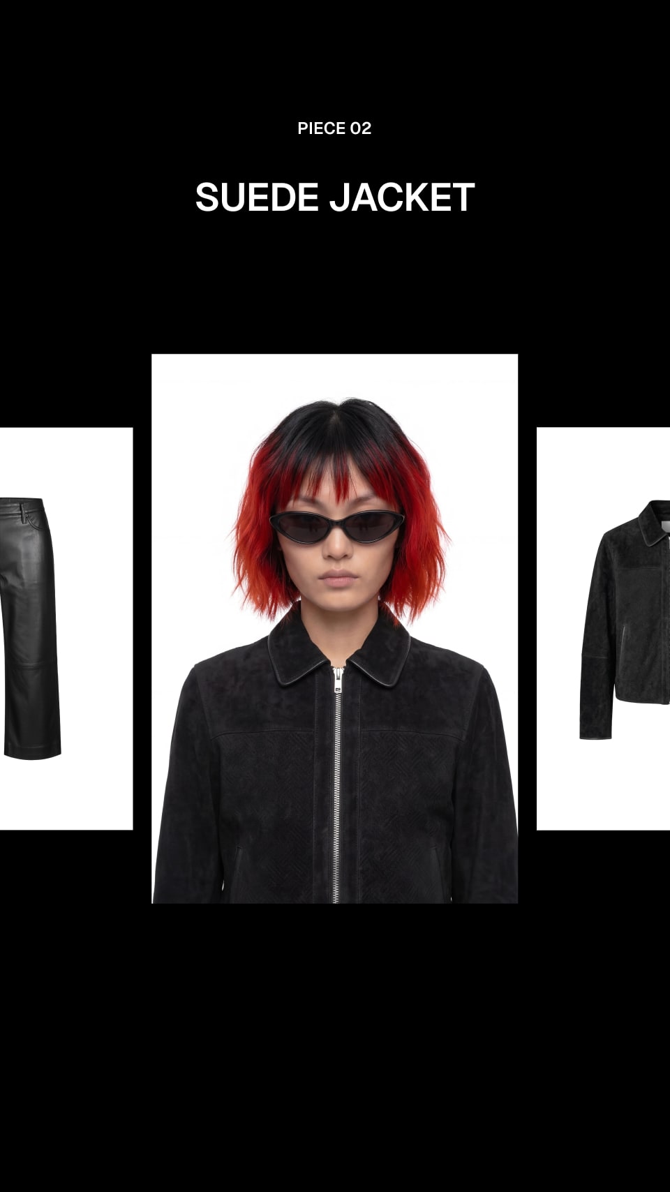 A black suede jacket shown on a model with red-and-black hair and dark sunglasses, centered on a black background with text reading 'SUEDE JACKET' and partial side views of matching black garments.
