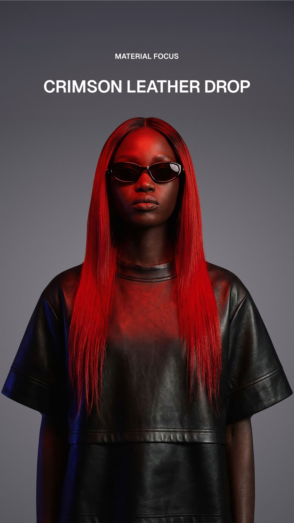 A model wearing a black leather drop shirt and black sunglasses, with dramatic red lighting casting a crimson glow on their hair and upper body. White text at the top reads 'MATERIAL FOCUS CRIMSON LEATHER DROP'.