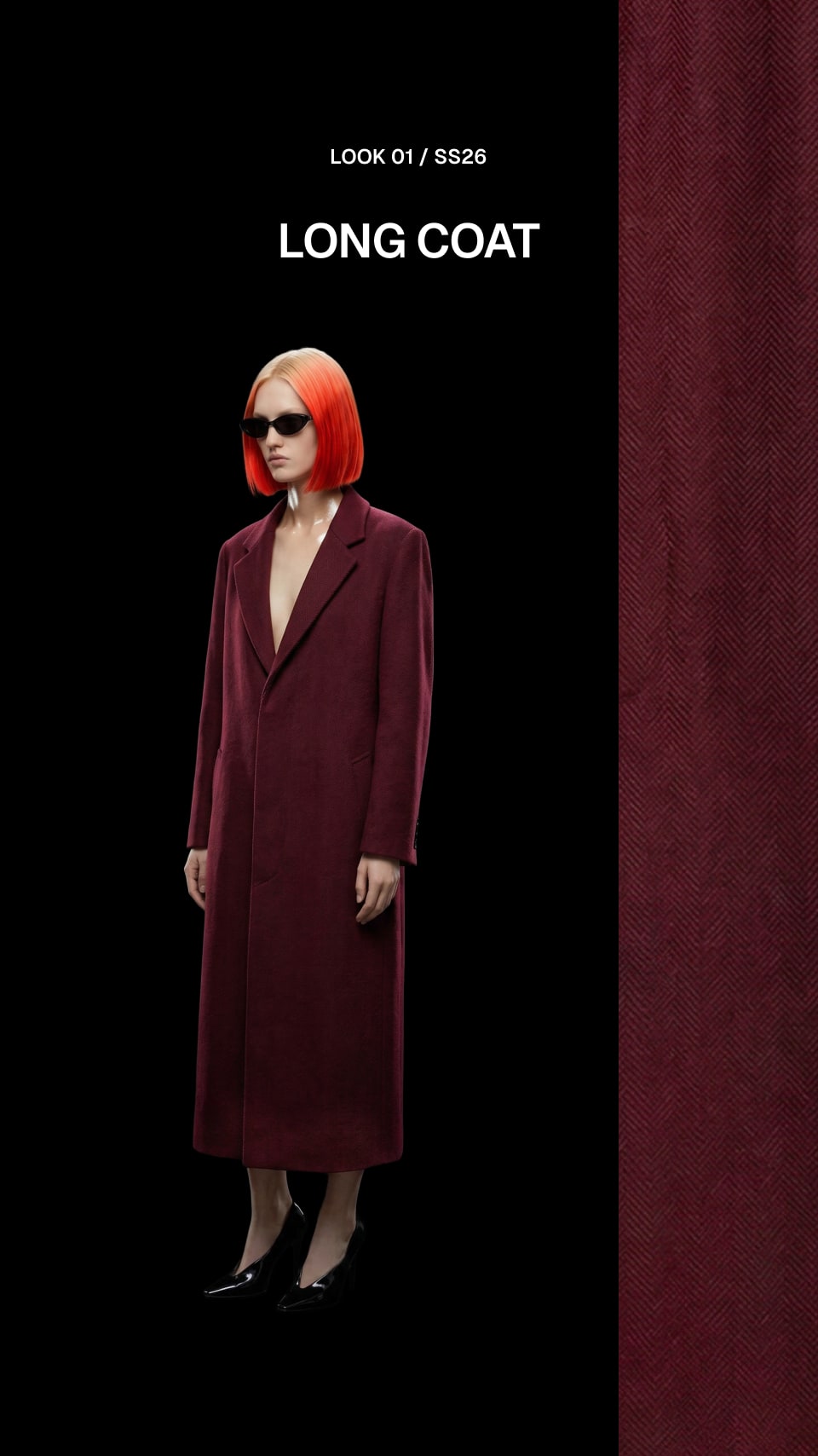 A model with bright orange hair and sunglasses wears a long burgundy wool-blend coat, shown against a black background with a textured burgundy fabric panel on the right. Text at the top reads 'LOOK 01 / SS26' and 'LONG COAT'.